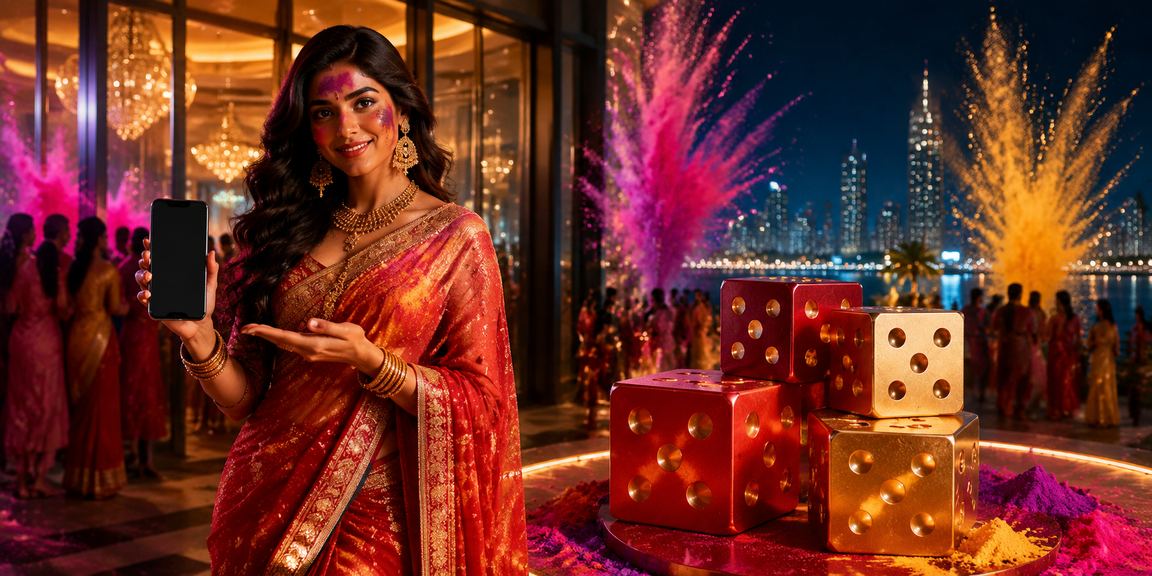 Indian woman playing dice game online with festive traditional attire