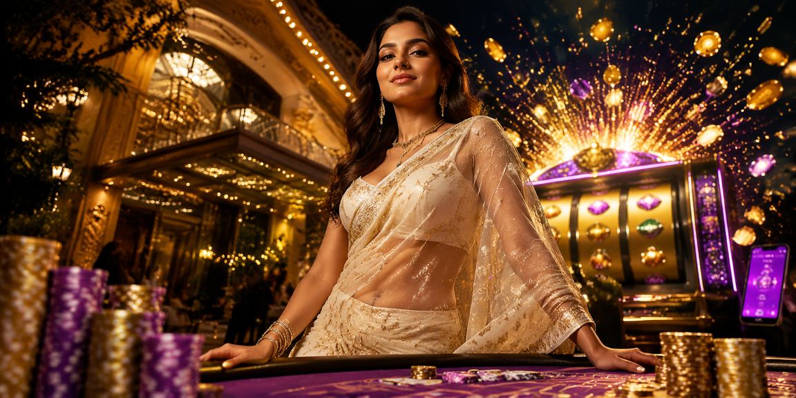 Indian woman enjoying slot game in traditional saree