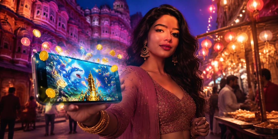 Mobile gaming interface showcasing bonuses during colorful Bollywood-themed fishing game in Jaipur
